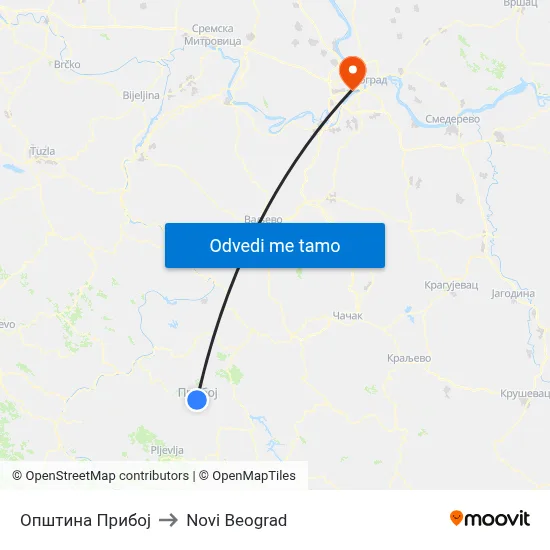 Општина Прибој to Novi Beograd map