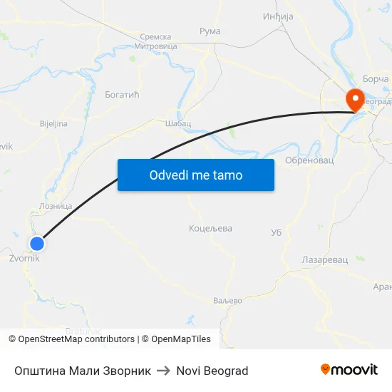 Општина Мали Зворник to Novi Beograd map