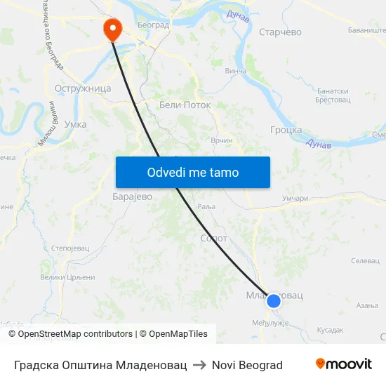 Градска Општина Младеновац to Novi Beograd map