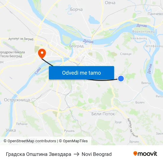 Градска Општина Звездара to Novi Beograd map
