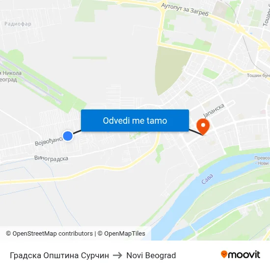 Градска Општина Сурчин to Novi Beograd map