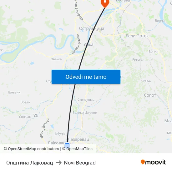 Општина Лајковац to Novi Beograd map