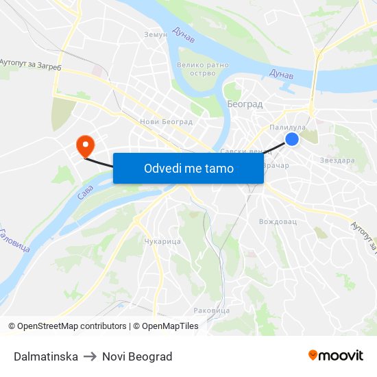 Dalmatinska to Novi Beograd map