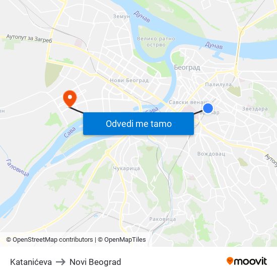 Katanićeva to Novi Beograd map