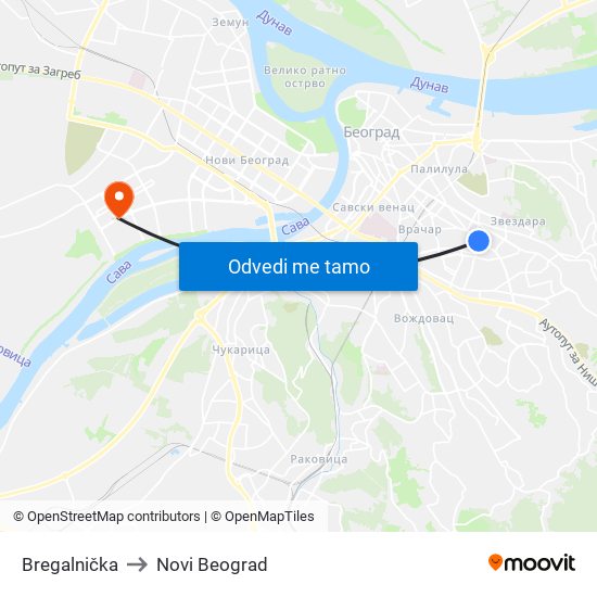 Bregalnička to Novi Beograd map