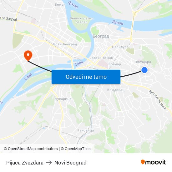 Pijaca Zvezdara to Novi Beograd map