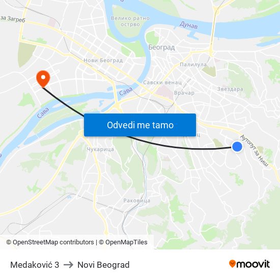 Medaković 3 to Novi Beograd map