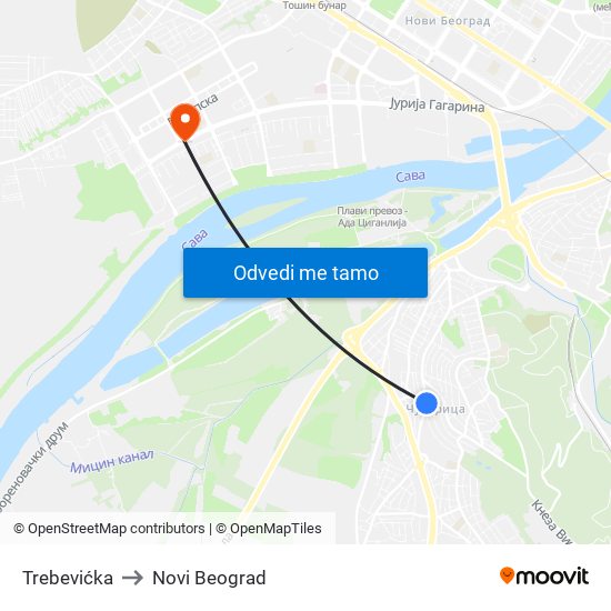 Trebevićka to Novi Beograd map