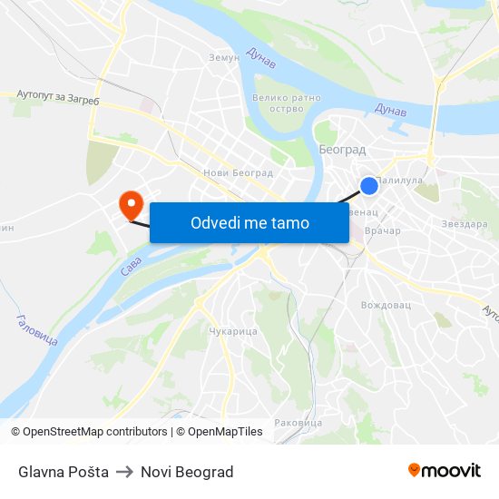 Glavna Pošta to Novi Beograd map