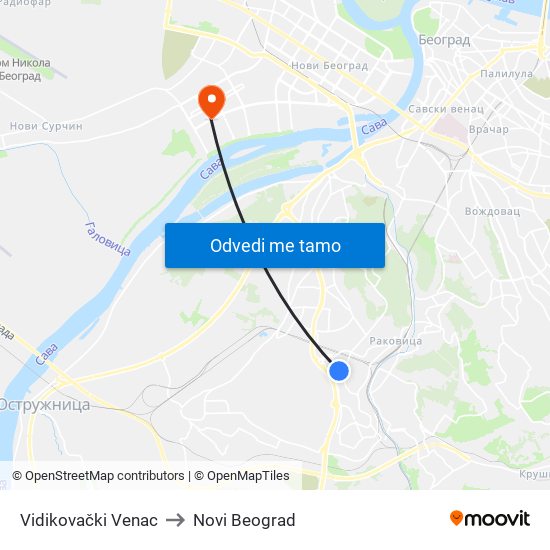 Vidikovački Venac to Novi Beograd map