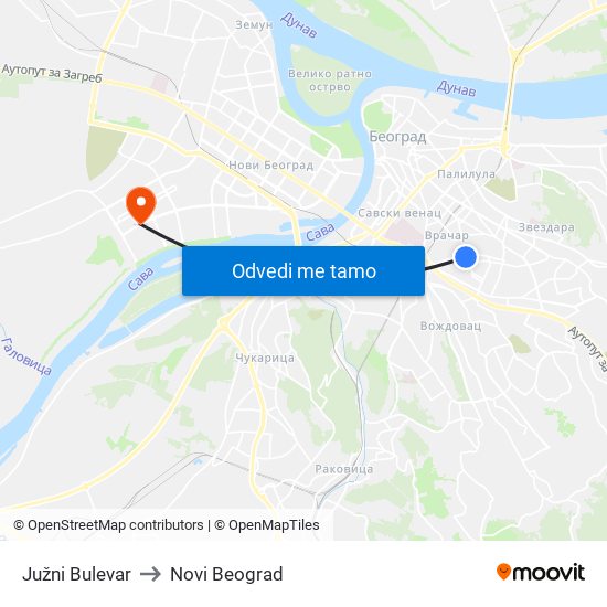 Južni Bulevar to Novi Beograd map