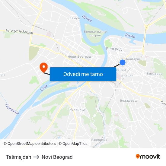 Tašmajdan to Novi Beograd map