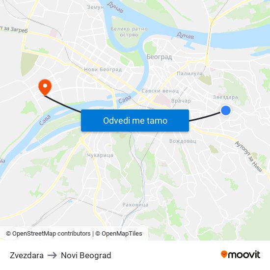 Zvezdara to Novi Beograd map