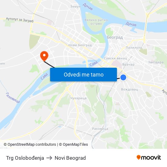 Trg Oslobođenja to Novi Beograd map