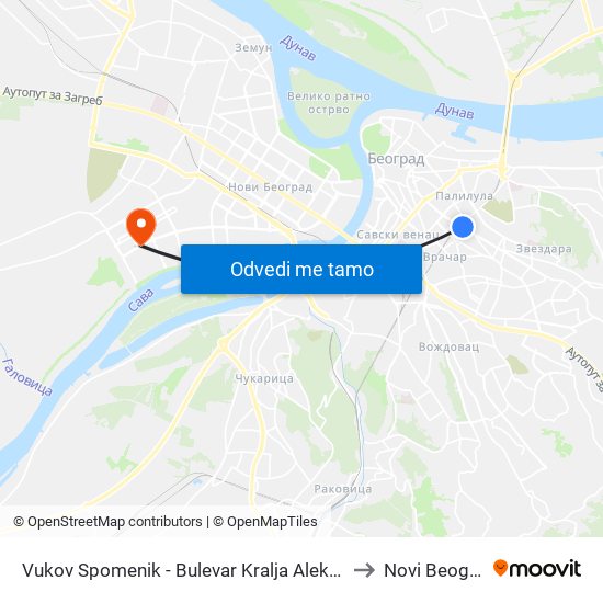 Vukov Spomenik - Bulevar Kralja Аleksandra to Novi Beograd map