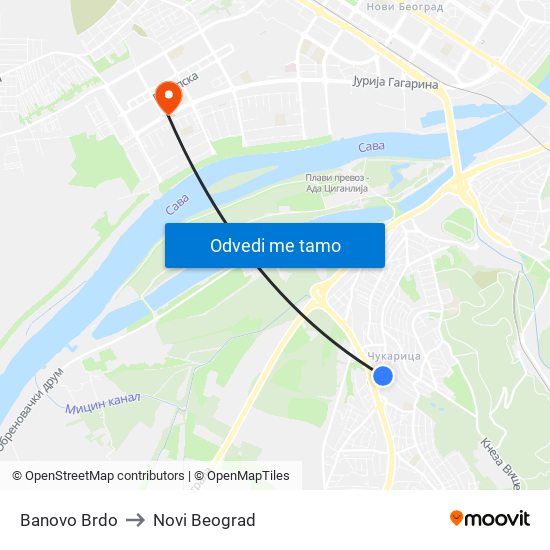 Banovo Brdo to Novi Beograd map