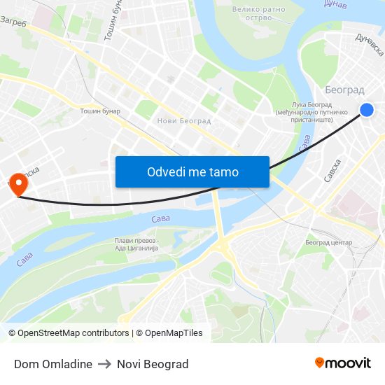 Dom Omladine to Novi Beograd map