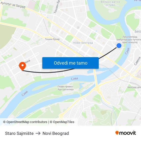 Staro Sajmište to Novi Beograd map