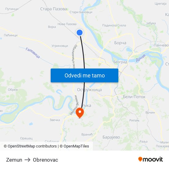 Zemun to Obrenovac map