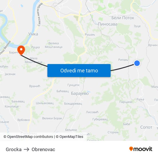 Grocka to Obrenovac map