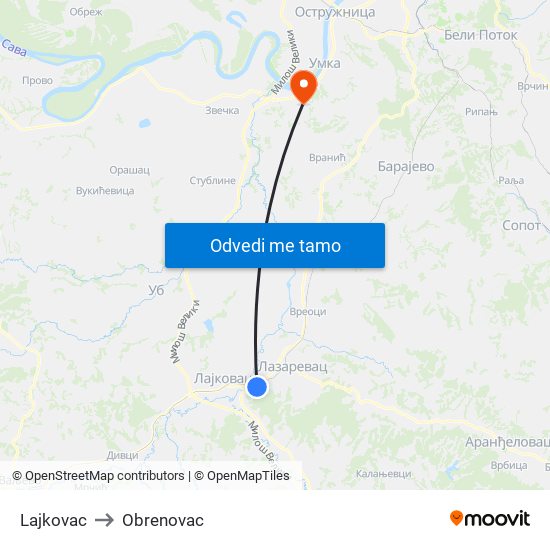 Lajkovac to Obrenovac map