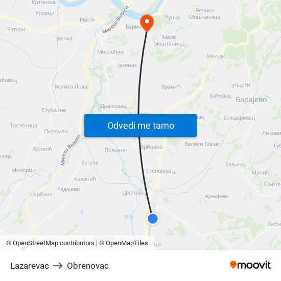 Lazarevac to Obrenovac map