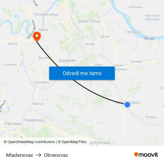 Mladenovac to Obrenovac map