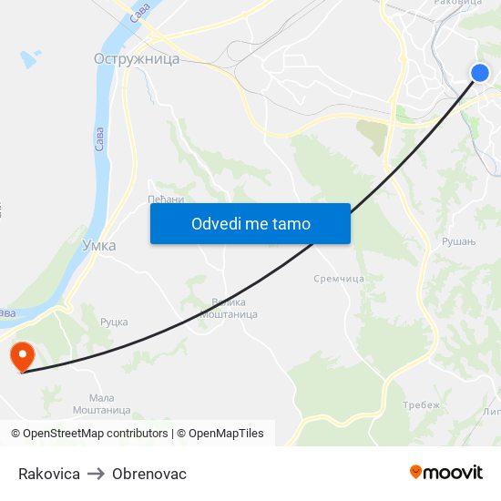 Rakovica to Obrenovac map