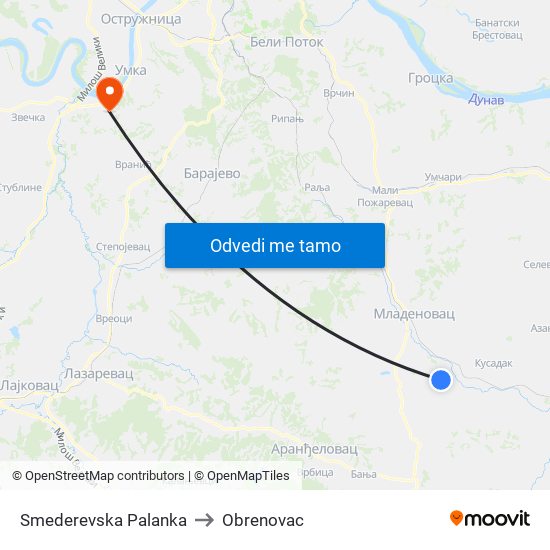 Smederevska Palanka to Obrenovac map