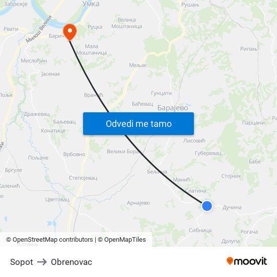 Sopot to Obrenovac map