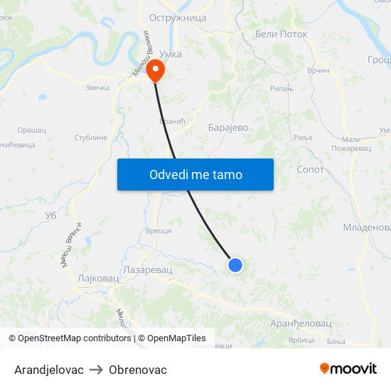 Arandjelovac to Obrenovac map