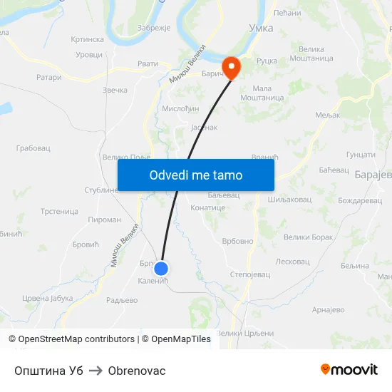 Општина Уб to Obrenovac map