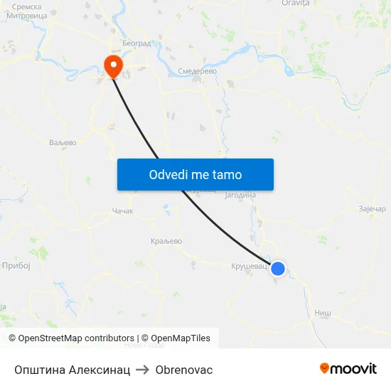 Општина Алексинац to Obrenovac map