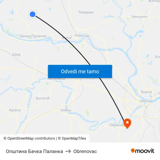 Општина Бачка Паланка to Obrenovac map