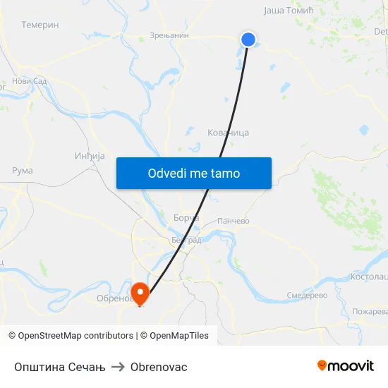 Општина Сечањ to Obrenovac map