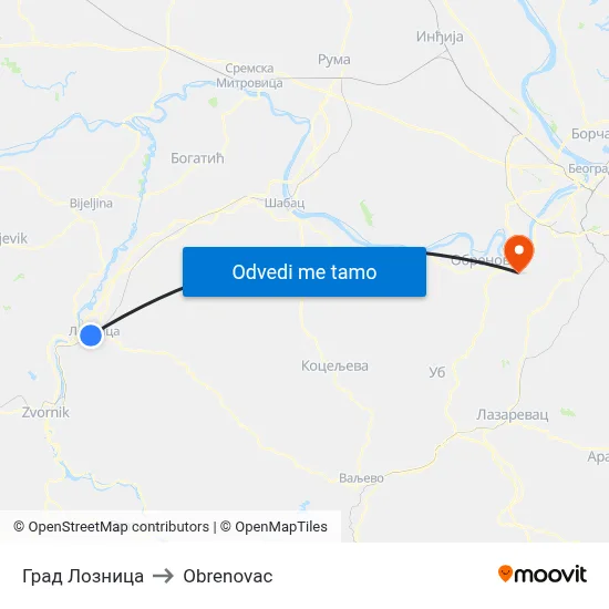 Град Лозница to Obrenovac map