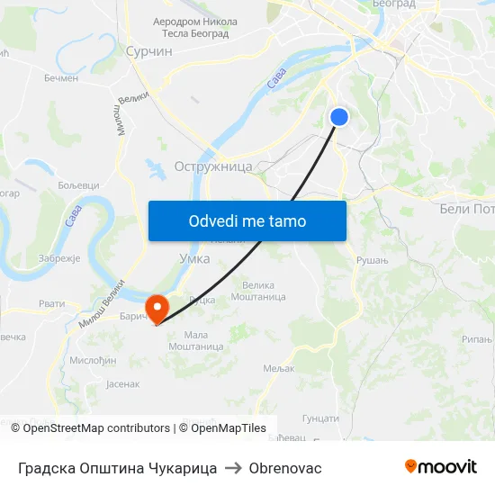Градска Општина Чукарица to Obrenovac map