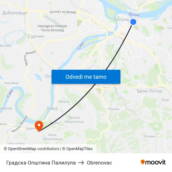 Градска Општина Палилула to Obrenovac map