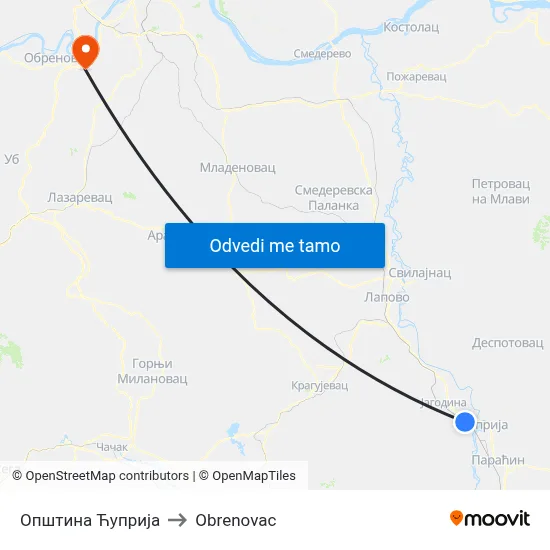 Општина Ћуприја to Obrenovac map