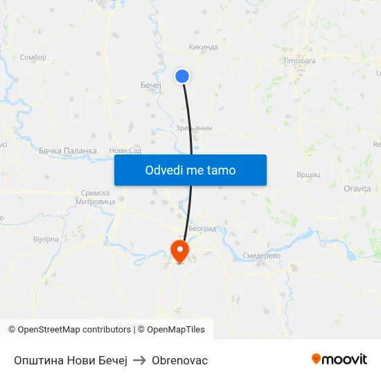 Општина Нови Бечеј to Obrenovac map
