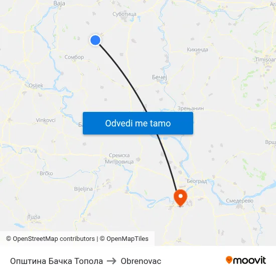 Општина Бачка Топола to Obrenovac map