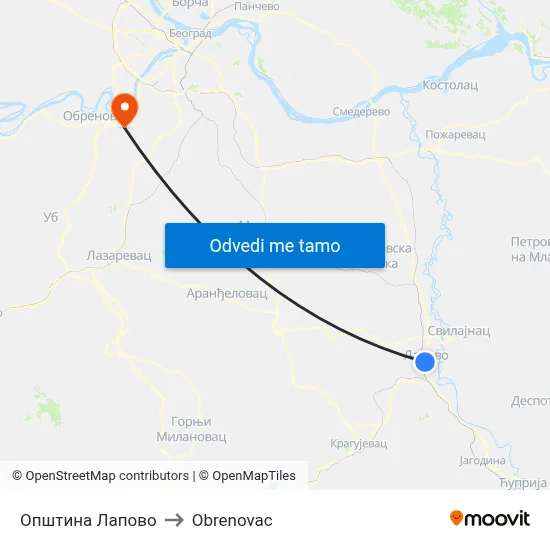 Општина Лапово to Obrenovac map