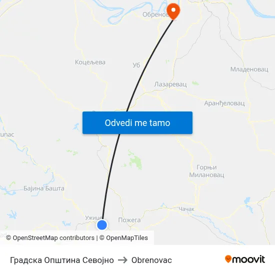 Градска Општина Севојно to Obrenovac map