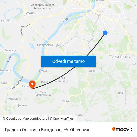 Градска Општина Вождовац to Obrenovac map