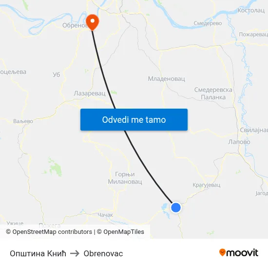 Општина Кнић to Obrenovac map