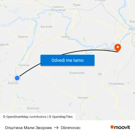 Општина Мали Зворник to Obrenovac map