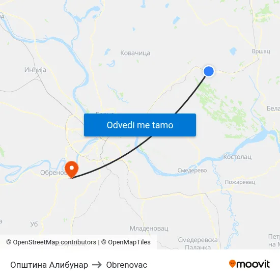 Општина Алибунар to Obrenovac map