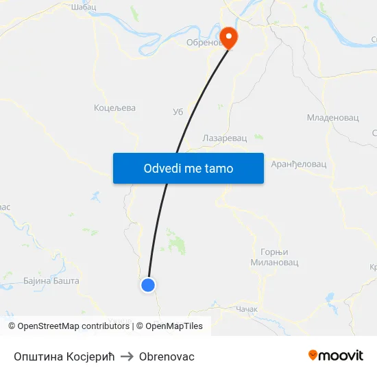 Општина Косјерић to Obrenovac map