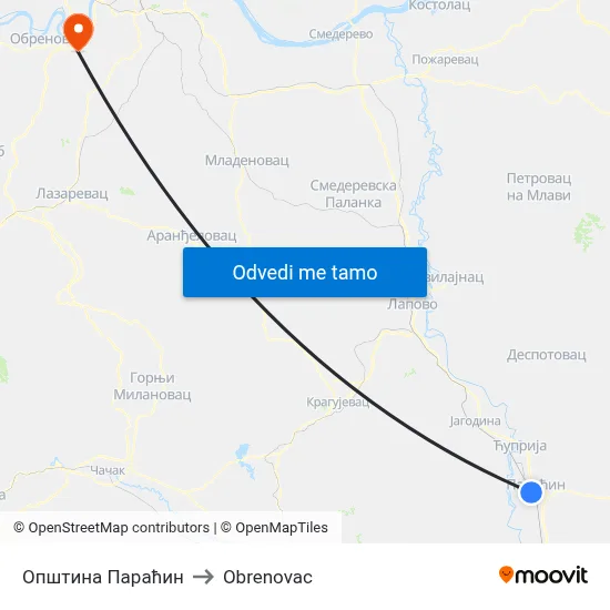 Општина Параћин to Obrenovac map