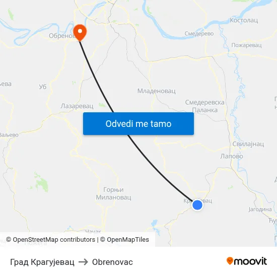 Град Крагујевац to Obrenovac map